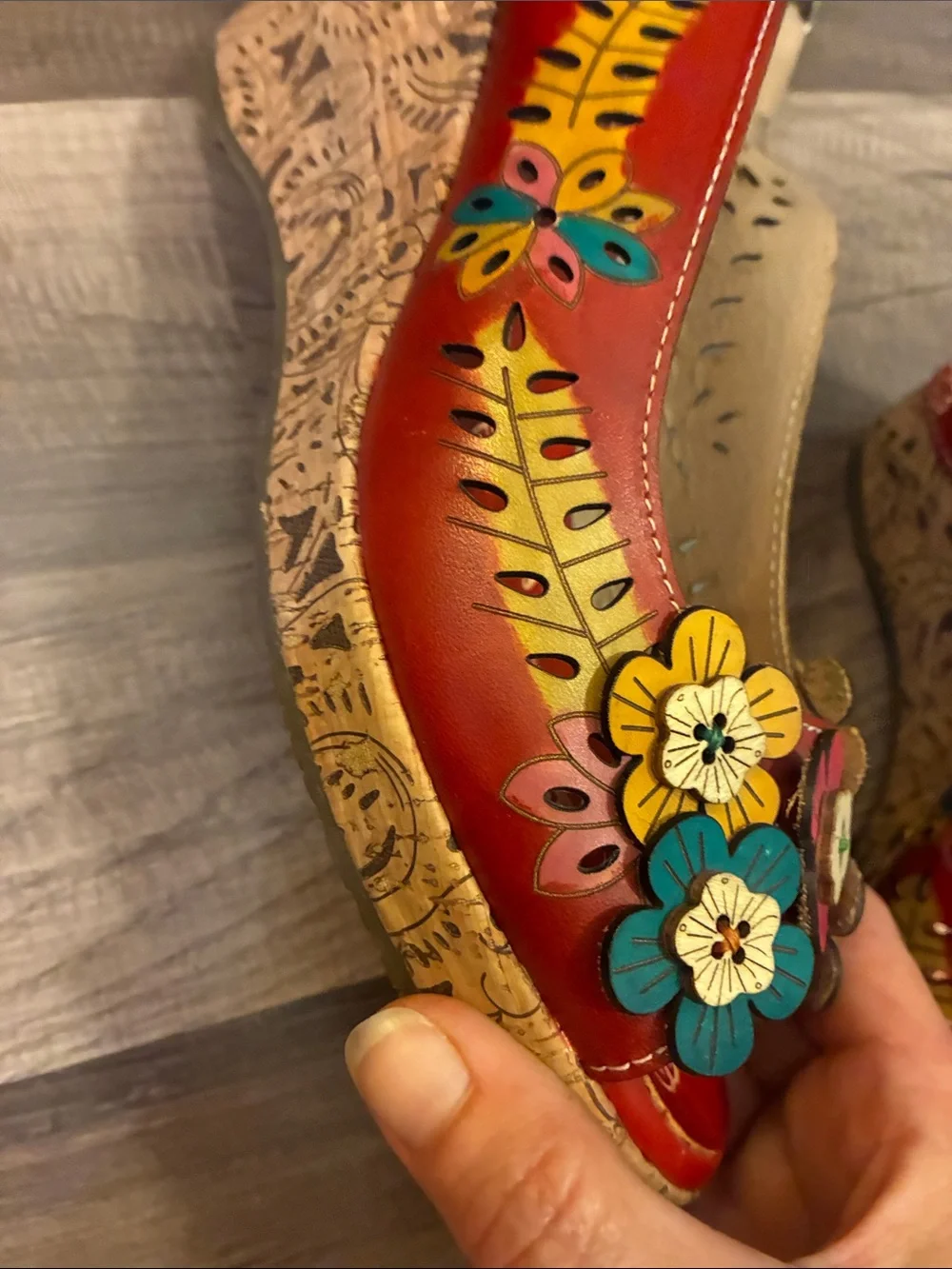 L'Artiste Red Leather Slingback Wedge Sandals With Floral  Details- Size 7.5